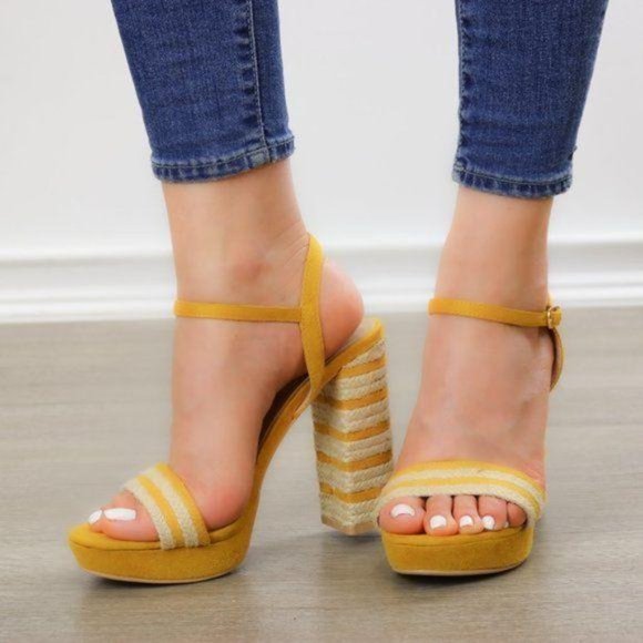 Espadrille Heel Yellow Open Toe Platform Sandal - Picture 10 of 11